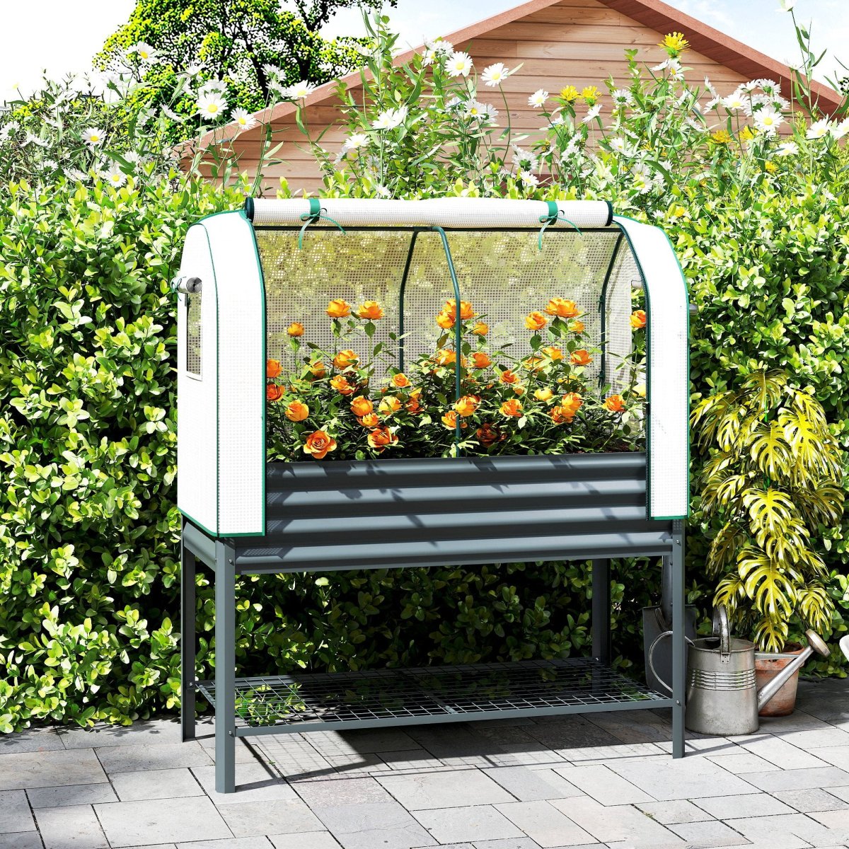 Outsunny Huerto Urbano Elevado con Cubierta de Invernadero de 140 g/m² PE, Mesa de Cultivo de Metal Galvanizado con Estante Inferior y Forro para Cultivo, Plantas y Flores, 120x55x140 cm, Gris Oscuro - Imagen 3