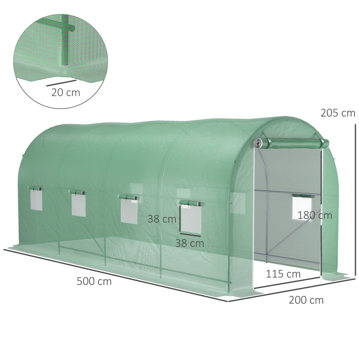 Outsunny Invernadero de Túnel 500x200x205 cm Invernadero de Jardín con Puerta Enrollable y 8 Ventanas Cubierta PE 140 g/m² Marco de Metal para Cultivo Plantas Verduras Verde - Imagen 4