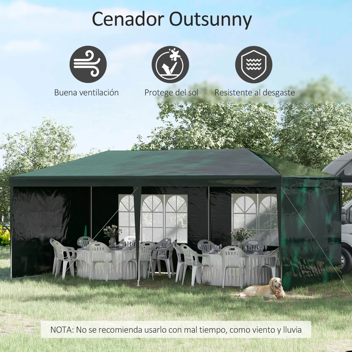 Outsunny Carpa de Jardín 6x3 m Pabellón con 4 Paredes Laterales y 2 Ventanas Visibles Anti-UV Impermeable Cenador Gazebo de Exterior con Marco de Acero para Fiestas Eventos Bodas Verde - Imagen 5
