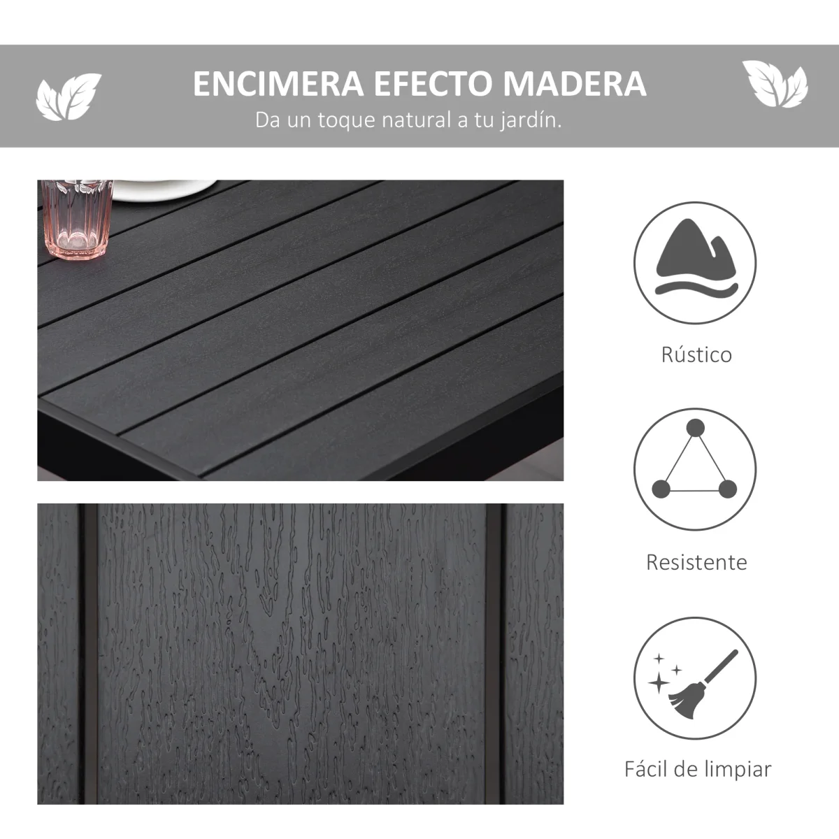 Outsunny Mesa de Comedor Exterior de Aluminio Mesa de Jardín Exterior para 8 Personas con Encimera de Listones para Terraza Balcón 190x90x74 cm Negro - Imagen 5