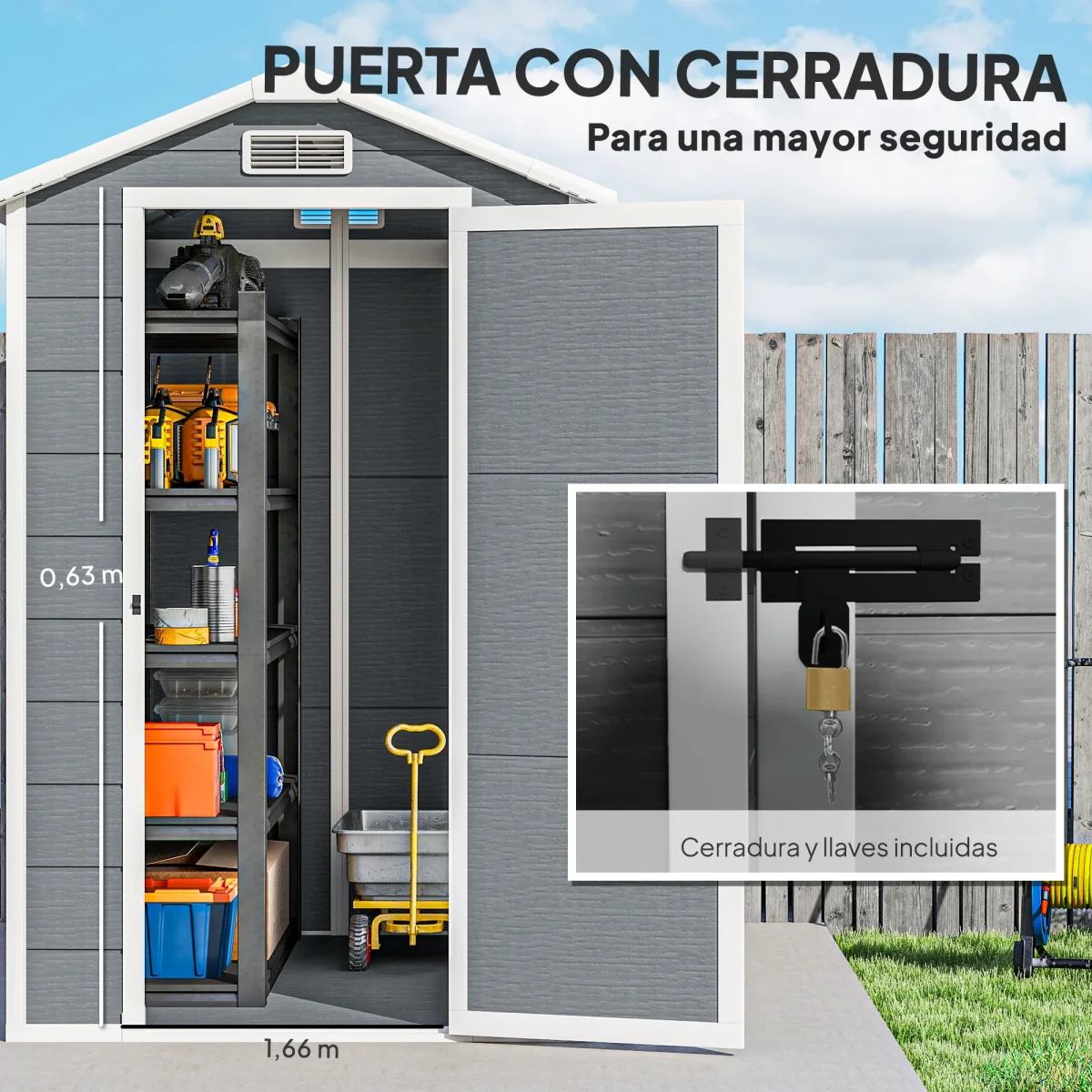 Outsunny Caseta de Jardín Exterior, 2,1 m², 131x186x198 cm, Cobertizo de Jardín Exterior con Suelo, Puerta con Cerradura, Ventana y 2 Ventilaciones, para Almacenamiento de Herramientas, Gris - Imagen 7