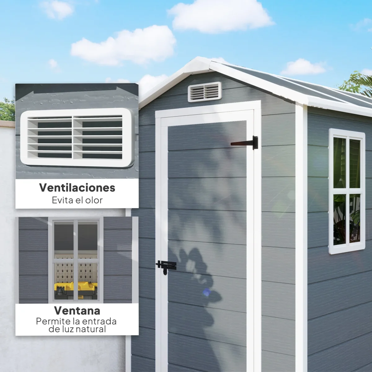 Outsunny Caseta de Jardín Exterior, 2,1 m², 131x186x198 cm, Cobertizo de Jardín Exterior con Suelo, Puerta con Cerradura, Ventana y 2 Ventilaciones, para Almacenamiento de Herramientas, Gris - Imagen 6