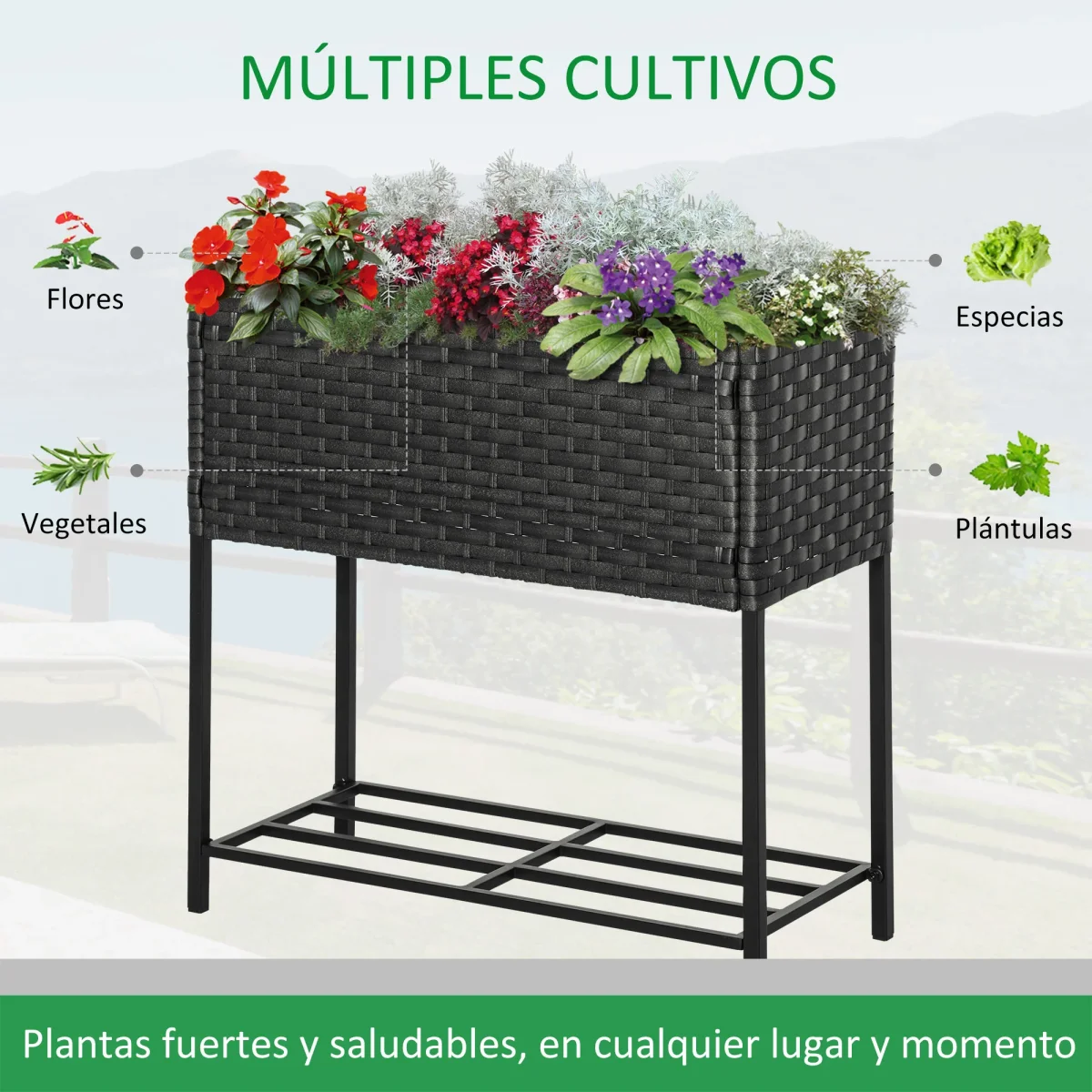 Outsunny Soporte para Jardinera Exterior para Huerto Urbano Mesa de Cultivo Jardinera Rectangular sin Fondo con Estante y Patas para Jardineras Macetas Tiestos 70x30x72 cm Gris y Negro - Imagen 5
