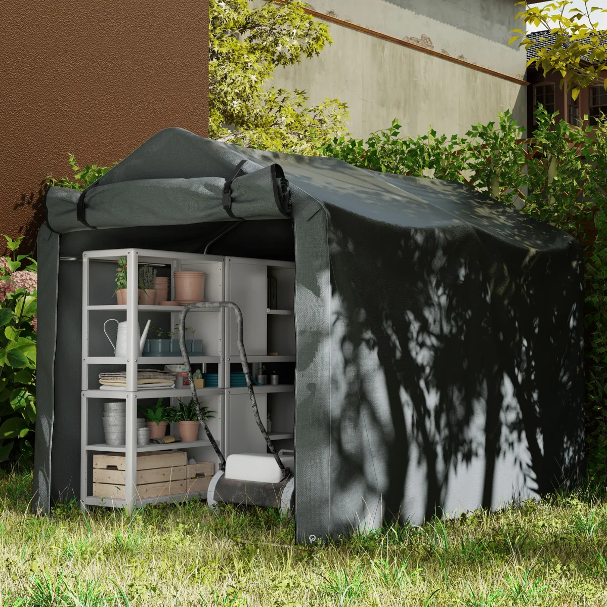 Outsunny Carpa de Jardín Exterior para Herramientas Bicicletas 2,2x1,57x1,65 m, Cobertizo Exterior con Puerta Desmontable con Cremallera, Impermeable, Anti-UV, Garaje Portátil, Gris Oscuro - Imagen 8