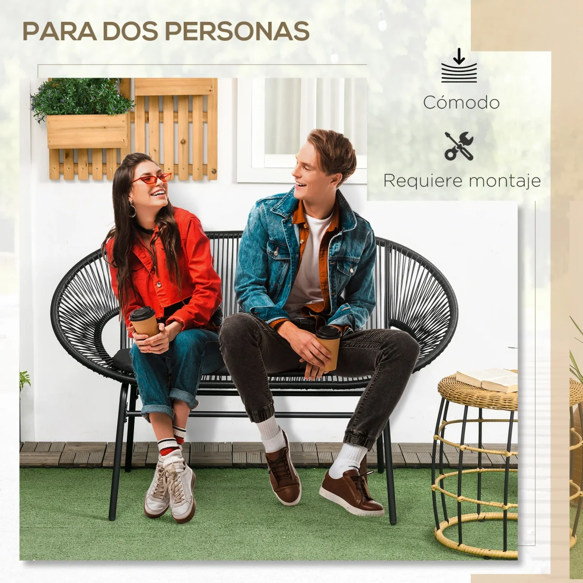 Outsunny Silla Acapulco de 2 Plazas Silla de Jardín con Reposabrazos Cojines y Marco de Acero Carga 260 kg para Balcón Terraza Patio 132x72x83 cm Negro - Imagen 5